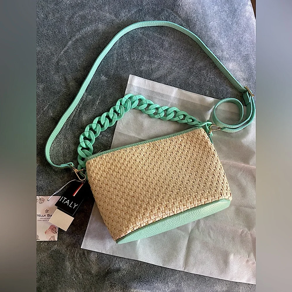STELLA BIANCA Aqua Raffia Chain Crossbody Bag With Leather Trim Made In … - Picture 1 of 11